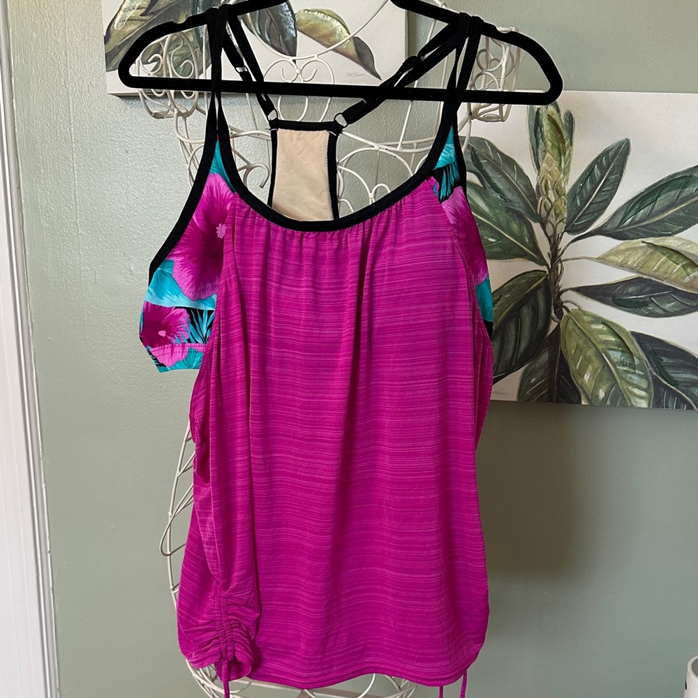ZeroXposur Hot Pink Cold-Shoulder Tank with Teal Floral Accents